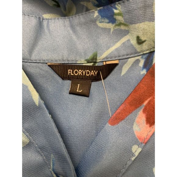 FloryDay Women’s Large Floral Print  Long Sleeve Button-Up Blue  Shirt - Picture 11 of 12